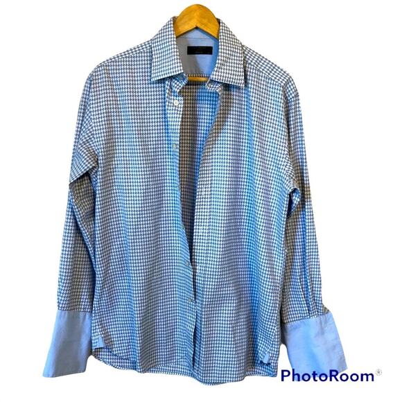 Ted Baker Houndstooth Dress Shirt Mens 16 Flip Cuff Business Casual Work Office - Picture 1 of 13